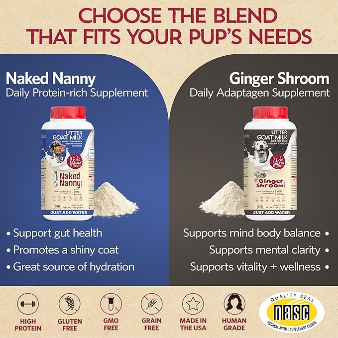 Fidobiotics Goat Milk Powder for Dogs, Mix and Serve Gut and Brain Health Support with Prebiotics, Probiotics, & Postbiotics, Ginger Shroom Flavor,16oz