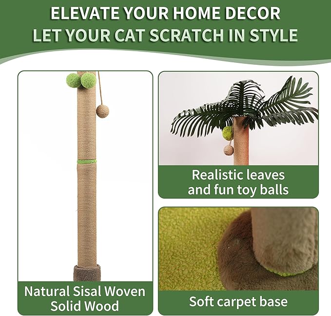 RPZ Palm Tree Cat Scratching Post for Indoor Cats, Tall Sisal Cat Scratcher Tree with Sturdy Base, Cute Cat Scratch Post for Kittens & Adult Cats