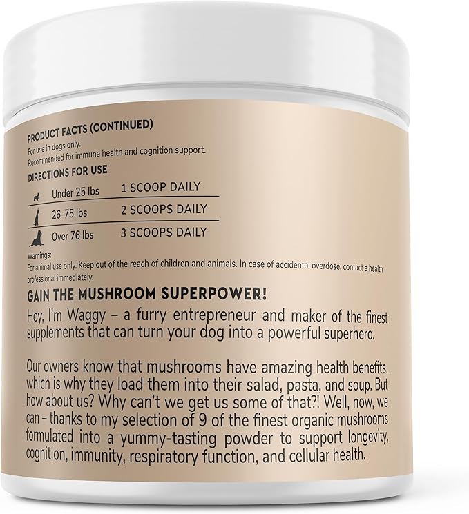Wonder Paws Immune Support Mushroom Powder for Dogs – Organic Mushroom Complex for Immunity, Cognition, Cellular Health, Longevity - With Turkey Tail Mushroom for Dogs, Reishi & Lions Mane – 90 Scoops