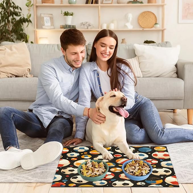 Soccer Ball Dog Food Mat for Floors Absorbent, Quick Dry Water Dispenser Mat for Food, Water, Pet Supplies 24" x 32", Colorful Football