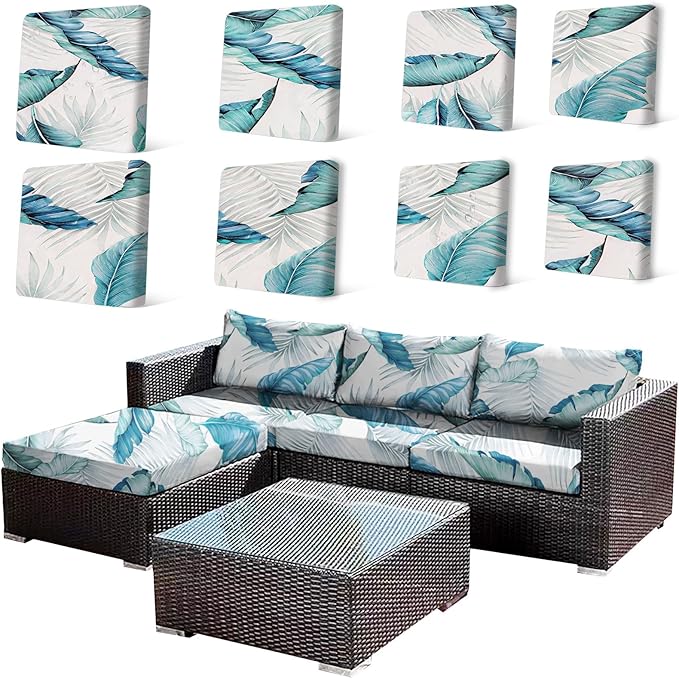 HANDONTIME 8Pcs Patio Cushion Covers Stretch Outdoor Couch Cover Replacement Cushions for Outdoor Furniture Waterproof Patio Furniture Covers for Pets Sofa Cover Washable (Blue Leave,Cover Only)
