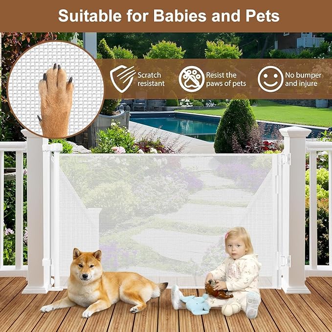 Weatherproof Outdoor Retractable Gate for Dogs with No Rust Screws and Rods, 72" Wide Waterproof Outdoor Dog gate, 6 ft Scratch-Resistant Mesh Safety Retractable Baby Gates for Parents and Pet Owners