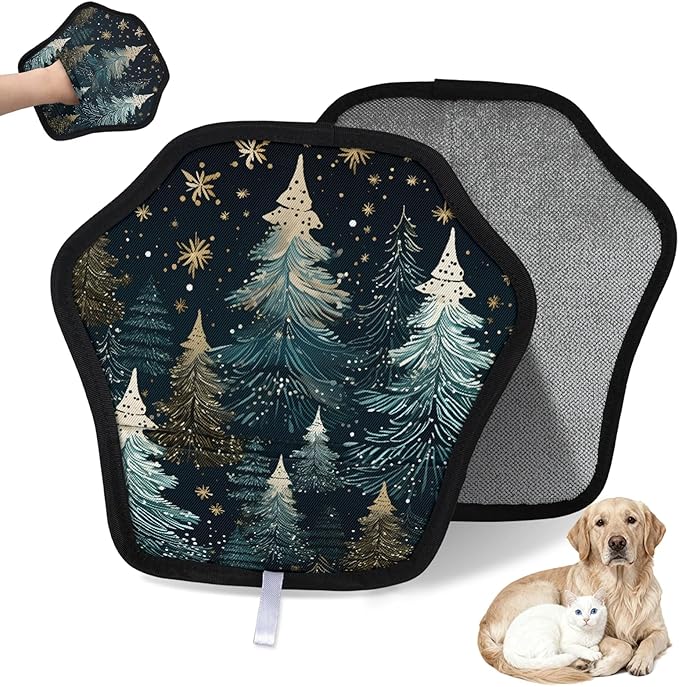 Reusable Pet Hair Removal Glove Winter Trees Magic Brush for Cat & Dog Hair Remover for Car, Sofa, Bedding, Clothes - 9x9 Mitt Washable