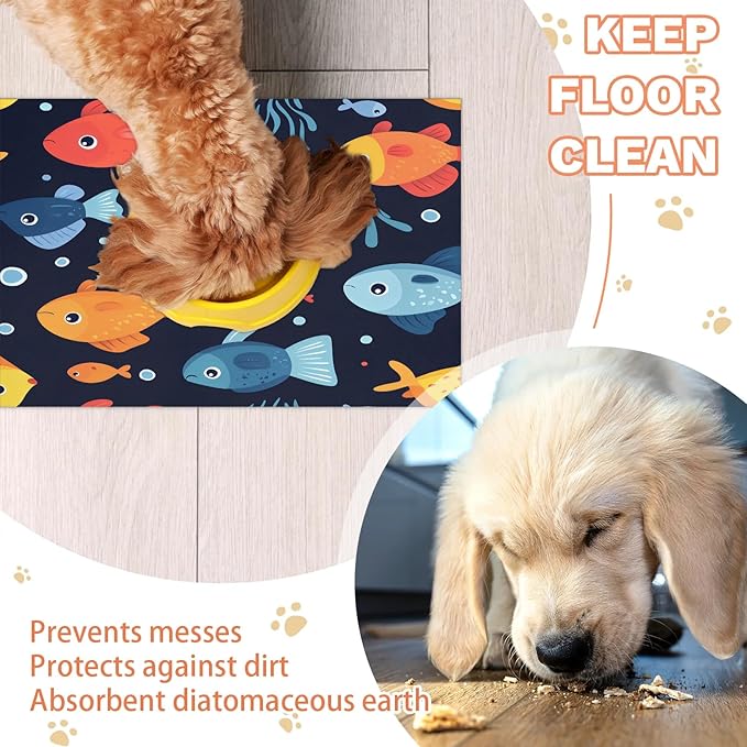 Cartoon Fish Dog Food Mat for Floors Absorbent Dog Bowl Mat for Food and Water Dispenser Quick Dry Cat Food Placemat Pet Supplies 12" x 20", Coral Ocean