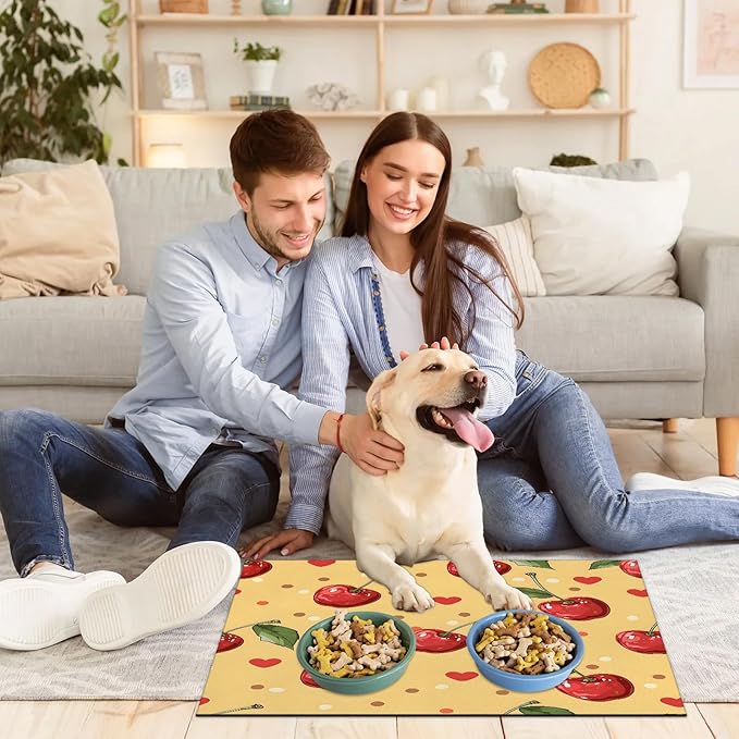Cherry Fruit Dog Food Mat for Floors Absorbent Dog Bowl Mat for Food and Water Dispenser Quick Dry Cat Food Placemat Pet Supplies 24" x 32", Love Polka Dot