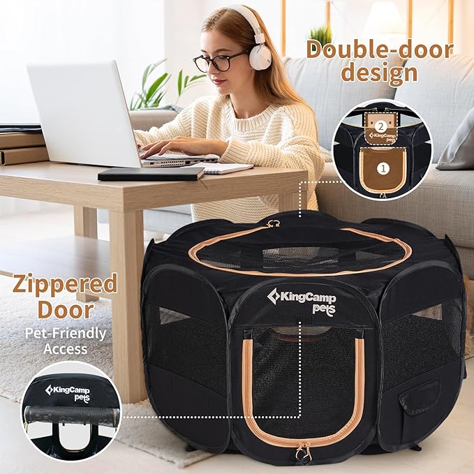 KingCamp Dog Playpen, Portable Foldable Cat Kitten Puppy Tent Crates 29"/36"/50" Pop Up Pet Playpen with Zippered Bottom & Cover for Indoor Outdoor Use (Small, Black)