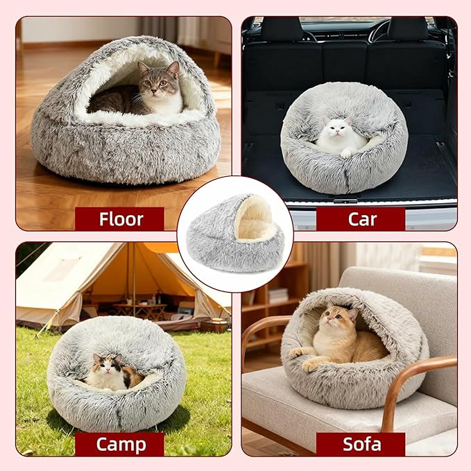 Round Plush Hooded Cat Bed - Cozy Fluffy Cave for Indoor Cats & Small Dogs, Anti-Anxiety Doughnut Design, Waterproof & Washable Base