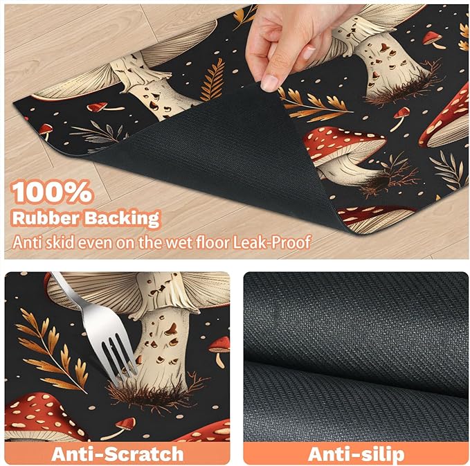 Red Mushroom Dog Food Mat for Floors Absorbent Dog Bowl Mat for Food and Water Dispenser Quick Dry Cat Food Placemat Pet Supplies 17" x 30", Leaves