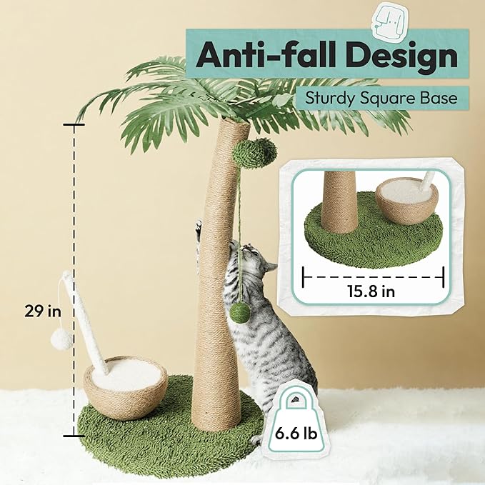 Cat Scratching Post 33 Inch Palm Tree with Hanging Balls and Coconut Straw Toy, Cat Scratcher for Indoor Kittens, Extra Stable Base, Paw-Friendly Jute Material M