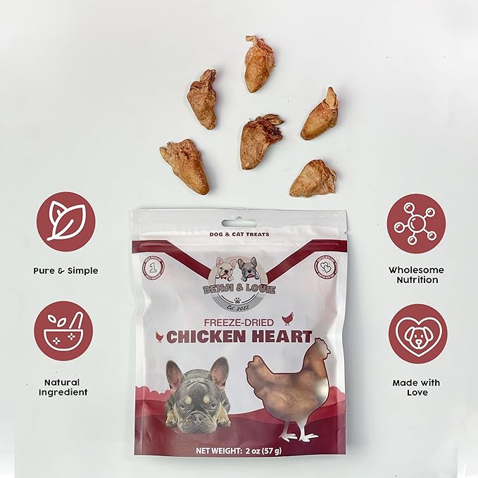 Benji & Louie Freeze Dried Chicken Heart - Natural Healthy Dog and Cat Treats, Single Ingredient, 2 oz