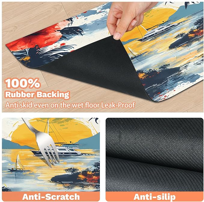 Sea Ship Dog Food Mat for Floors Absorbent, Quick Dry Water Dispenser Mat for Food, Water, Pet Supplies 17" x 30", Flower