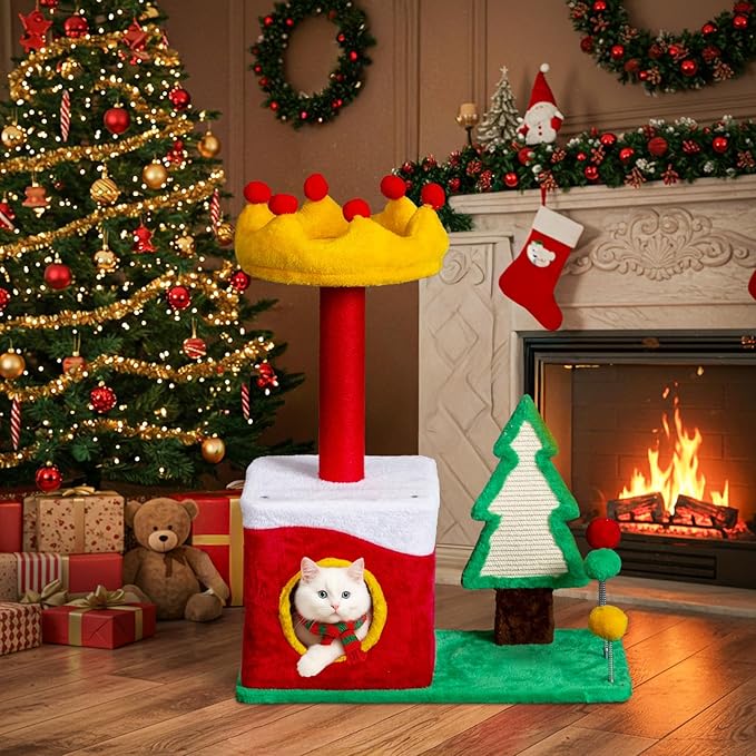 Outvita 29.5in Christmas Outvita Themed Plush Cat Tree, Multi-Level Cat Tower with Cat Condo, Top Crown Perch, Sisal Scratching Posts, Cat Pet Activity Center for Indoor Cats
