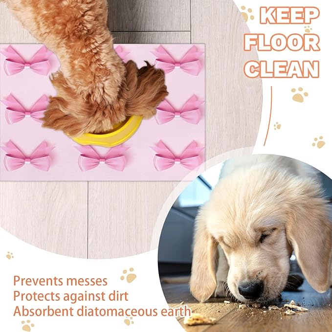Pink Bow Dog Food Mat for Floors Absorbent, Quick Dry Water Dispenser Mat for Food, Water, Pet Supplies 24" x 32", Cute Bowknot