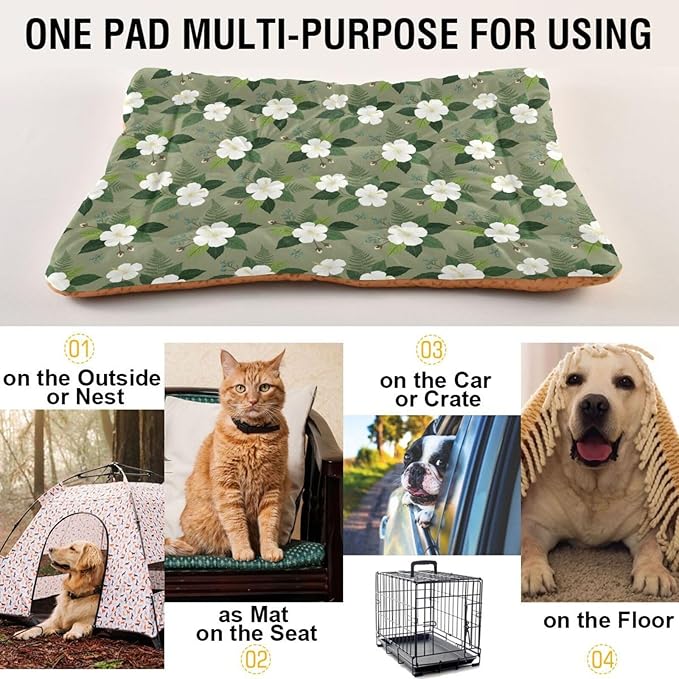 Dog Bed for Crate Washable Pet Sleep Pad, Floral Print Kennel Mat with Non-Slip Bottom, Soft Fluffy Supplies Pet for Dogs and Cats (24x18 inch)
