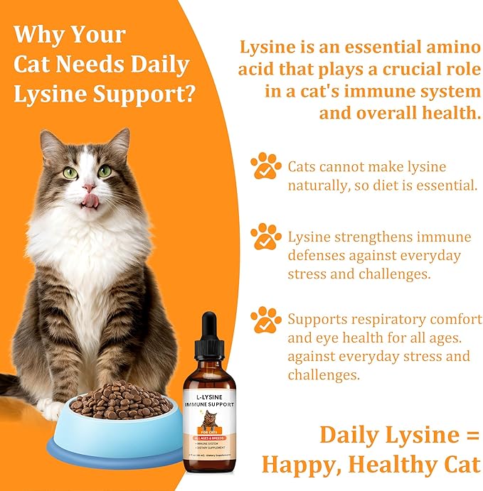 L-Lysine Supplement for Cats – Immune & Respiratory Support – 60ml Cat Lysine Drops with Roast Chicken Flavor – Supports Eye & Nose Health