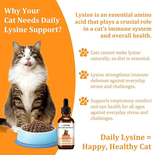 L-Lysine Supplement for Cats – Immune & Respiratory Support – 60ml Cat Lysine Drops with Roast Chicken Flavor – Supports Eye & Nose Health