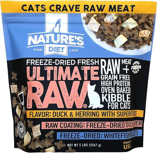 Nature's Diet Ultimate Raw : Cat Kibble with Freeze-Dried Raw Whitefish, Duck Liver, Bone Broth, Herring & Superfoods