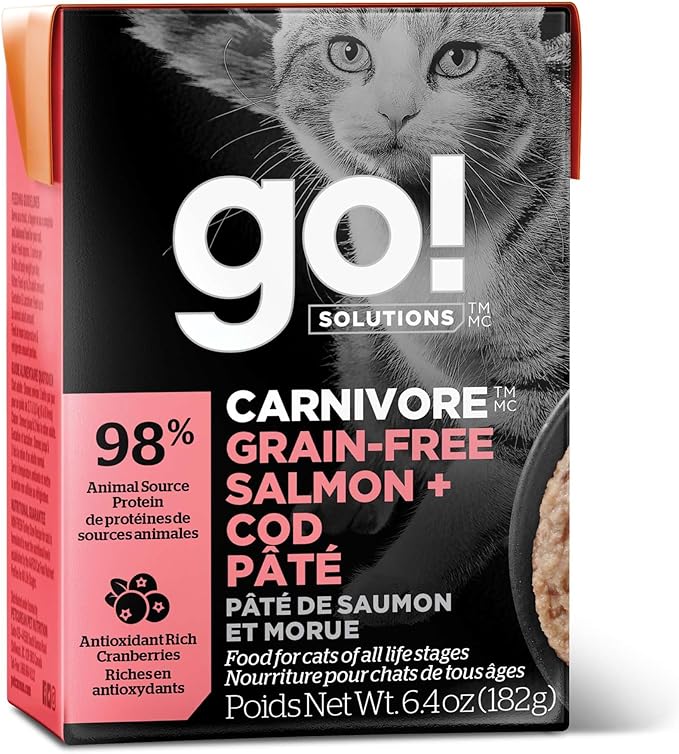 Go! Solutions Carnivore, Grain-Free, Protein Rich Wet Cat Food, Salmon and Cod Pâté, 6.4 oz (Pack of 6)