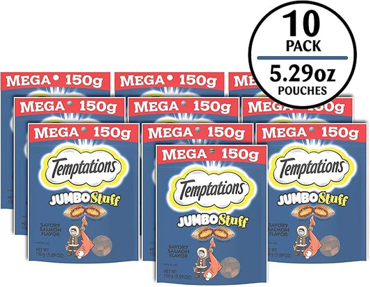 Temptations Jumbo Stuffed Cat Treats, Crunchy and Soft Cat Treats, Savory Salmon Flavor, 5.3 oz. Pouches (Pack of 10)