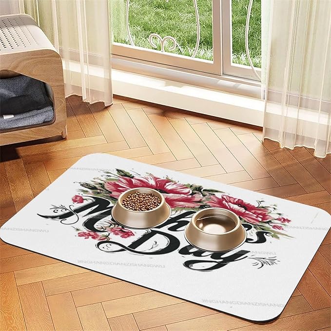 Dog Food Mat Dog Mat for Food and Water 18X12In Happy Mother's Day Floral Gift Mom Ll No Stains Cat Pet Feeding Mats Water Bowl for Messy Drinkers