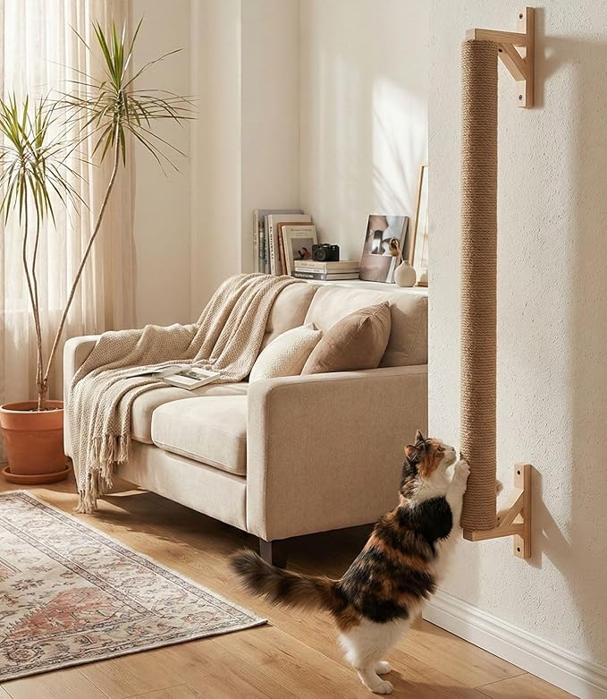 Wall Mounted Cat Scratcher 34' Sisal Cat Scratching Post Tree Kitten Sturdy Climbing for Indoor Cats Vertical Tall Wall Mounth Jute Fiber Cat Scratch Posts Tower Cat Climbing wall Systems