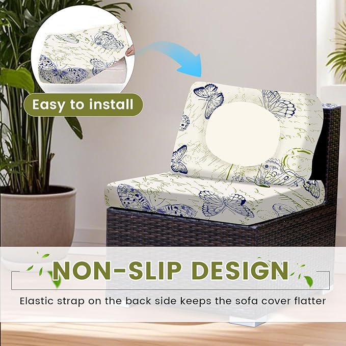 HANDONTIME8Pcs Outdoor Cushion Covers Waterproof Patio Cushion Covers Vintage Stretch Outdoor Couch Cover Replacement Patio Furniture Cover for Pets Sofa Cover Washable (Butterfly,Cover Only)