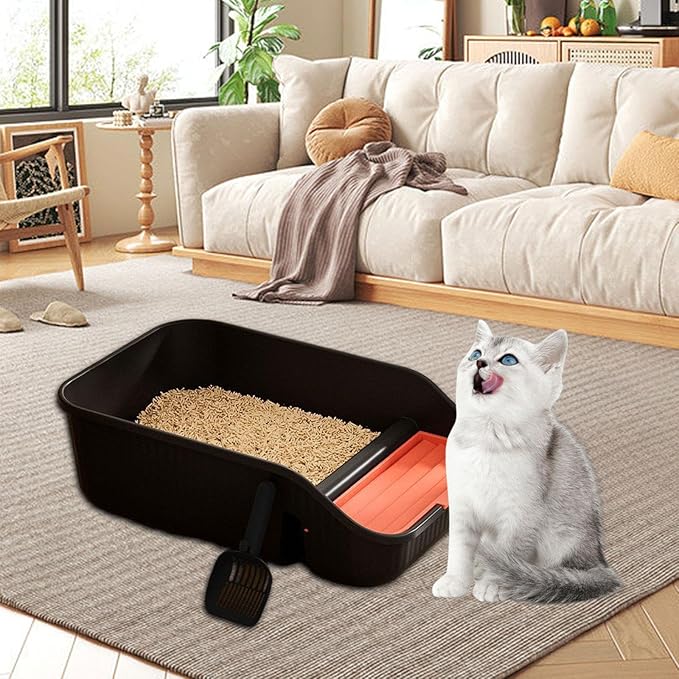 Large Cat Litter Box with Scoop Detachable Bedpan High Sides Open Top Easy Clean Indoor Cats Kitten Hamsters- Black