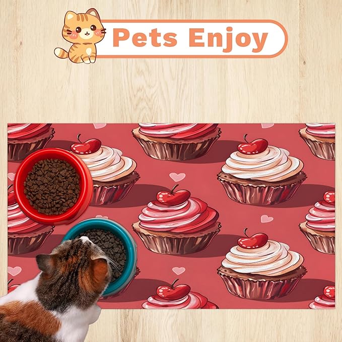 Cup Cake Dog Food Mat for Floors Absorbent Dog Bowl Mat for Food and Water Dispenser Quick Dry Cat Food Placemat Pet Supplies 16" x 24", Cherry Print