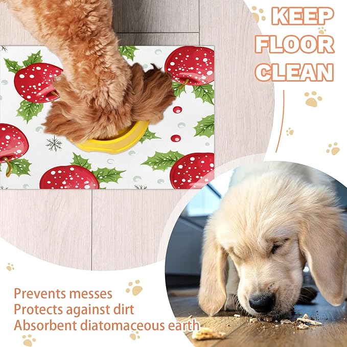Merry Christmas Dog Food Mat for Floors Absorbent Dog Bowl Mat for Food and Water Dispenser Quick Dry Cat Food Placemat Pet Supplies 17" x 30", Red Apples