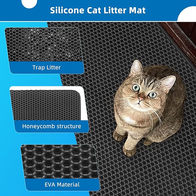 Cat Litter Mat for Indoor Cats Eva Double-Layer Litter Box Mat Washable for Easy Cleaning Cat Rug Collects Litter and Prevents Liquid Leakage (Black, 23.6×30inch)