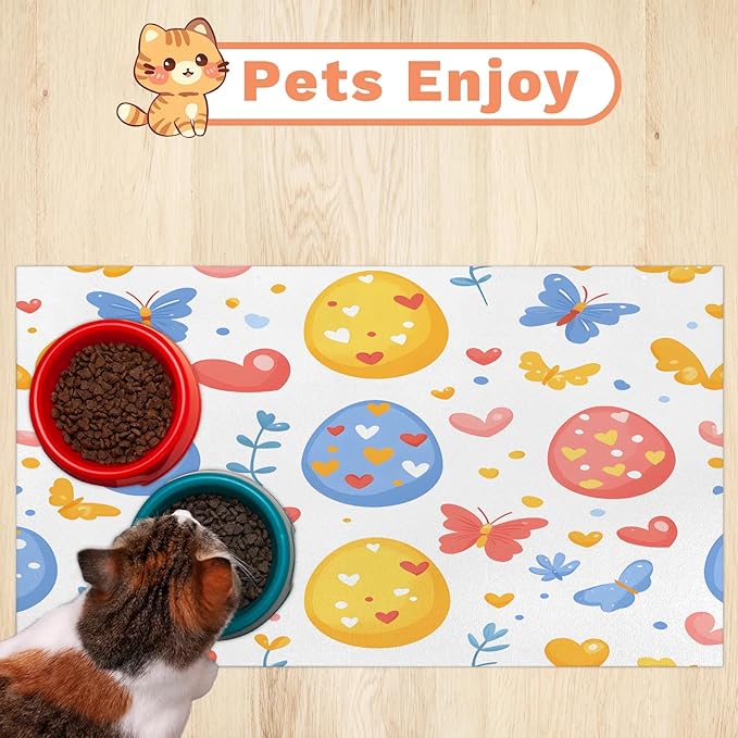 Easter Egg Dog Food Mat for Floors Absorbent Dog Bowl Mat for Food and Water Dispenser Quick Dry Cat Food Placemat Pet Supplies 17" x 30", Colorful Butterfly
