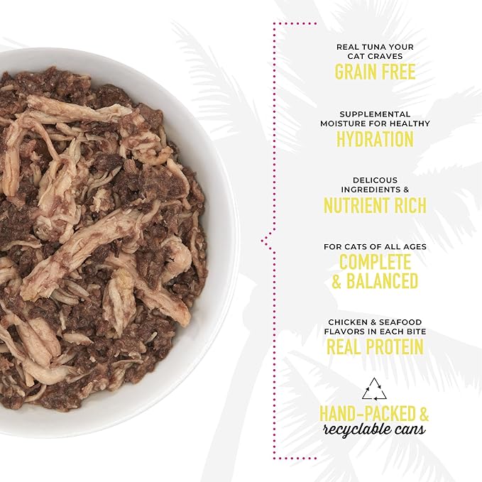 Tiki Cat Luau Shredded Meat, Ahi Tuna & Chicken Recipe in Chicken Consumme, Grain-Free Balanced Nutrition Wet Canned Cat Food, For All Life Stages, 2.8 oz. Cans (Pack of 12)