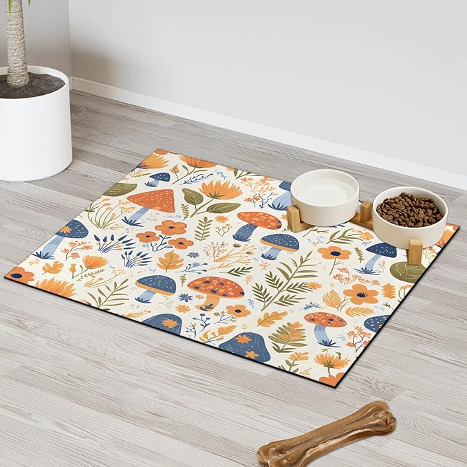 Boho Mushroom Dog Food Mat for Floors Absorbent Dog Bowl Mat for Food and Water Dispenser Quick Dry Cat Food Placemat Pet Supplies 24" x 32", Wildflower