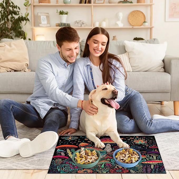 Retro Mushroom Dog Food Mat for Floors Absorbent Dog Bowl Mat for Food and Water Dispenser Quick Dry Cat Food Placemat Pet Supplies 12" x 20", Garden Plant