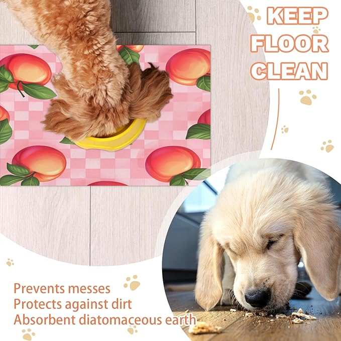 Peach Fruit Dog Food Mat for Floors Absorbent Dog Bowl Mat for Food and Water Dispenser Quick Dry Cat Food Placemat Pet Supplies 17" x 30", Buffalo Check
