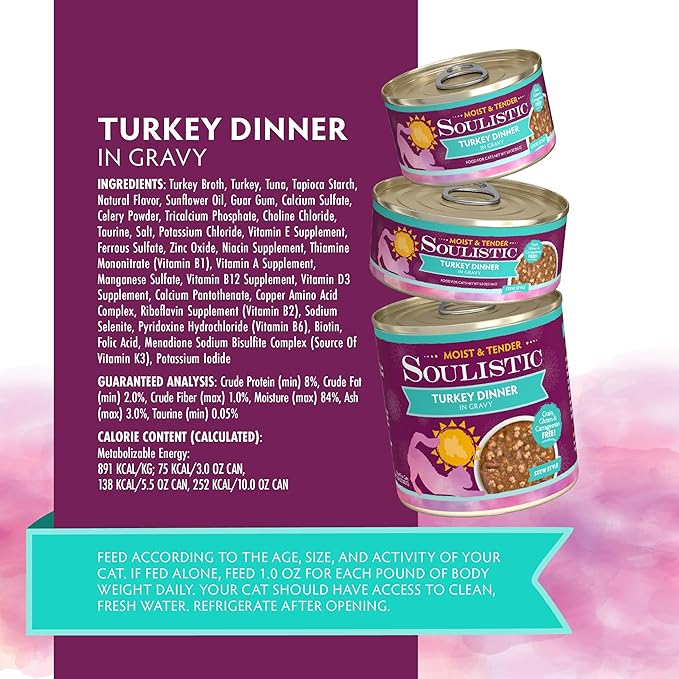 Soulistic Moist and Tender, Turkey Dinner in Gravy, 3oz Can, Pack of 12