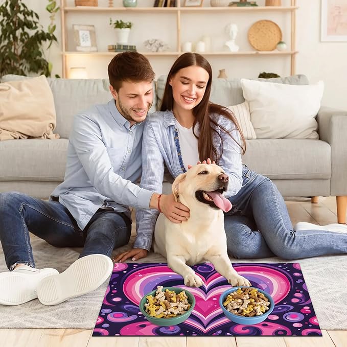 Lovely Heart Dog Food Mat for Floors Absorbent, Quick Dry Water Dispenser Mat for Food, Water, Pet Supplies 17" x 30", Valentine's Day