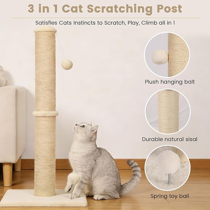 33" Tall Cat Scratching Post, 3-in-1 Durable Sisal Vertical Cat Scratcher Post with Hanging Ball, Sturdy Cat Scratch Pole with Soft Fabric Base for Indoor Cats at All Ages, Beige