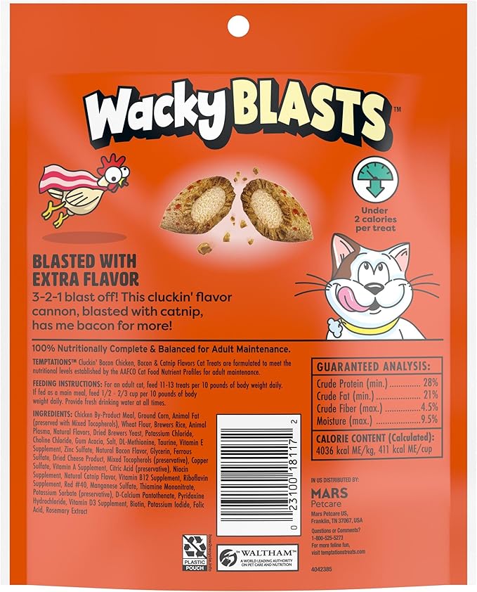 Temptations Wacky Blasts Cat Treats, Cluckin’ Bacon Flavor, 6.3 oz. Pouch (Pack of 10)