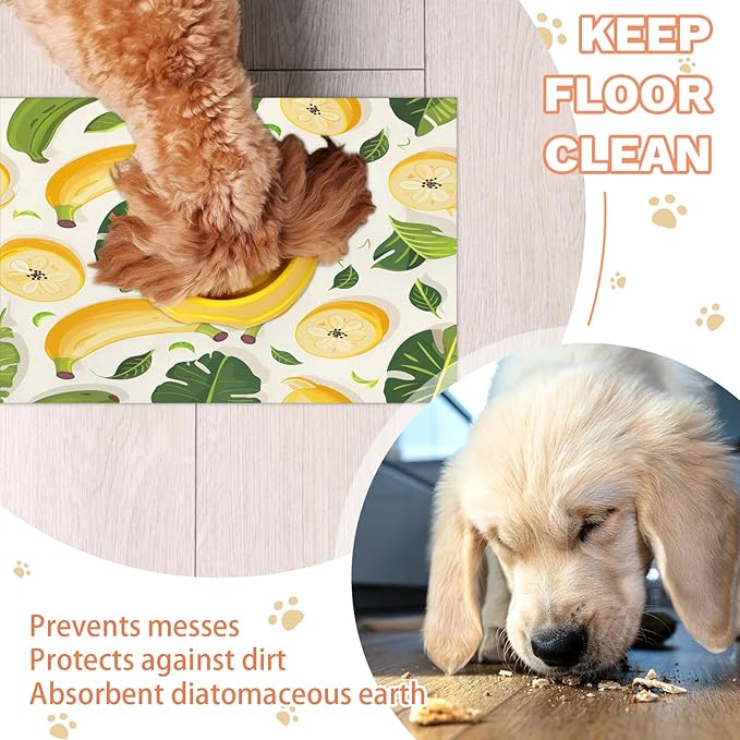 Bananas Dog Food Mat for Floors Absorbent Dog Bowl Mat for Food and Water Dispenser Quick Dry Cat Food Placemat Pet Supplies 16" x 24", Green Leaves