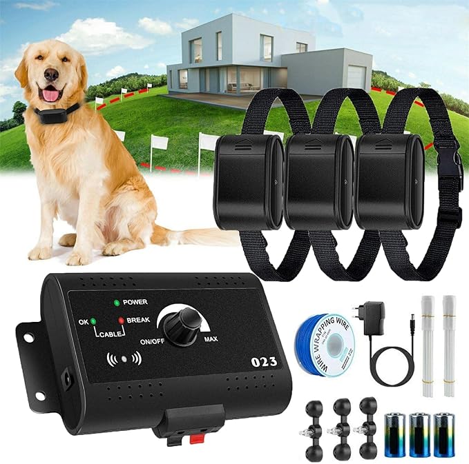 Electric Dog Fence, In-ground/Aboveground Dog Boundary Fence Pet Containment System with Waterproof Rechargeable Training Collar and 984 FT Underground Boundary Wire, for All Dogs,for3dogs