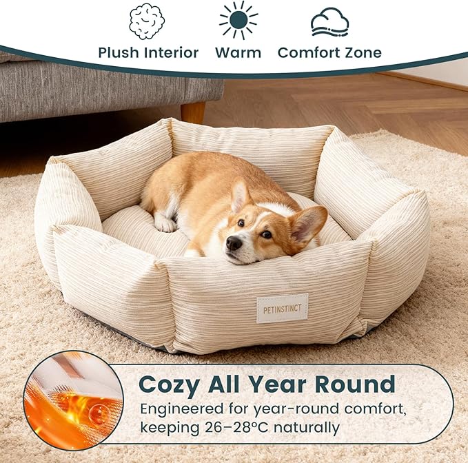 Medium Dog Bed, 30 Inch Washable Corduroy Dog Bed with Removable Cover & Anti-Slip Bottom, Durable Comfort for Medium to Large Dogs up to 45 lbs (Cream White)