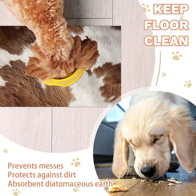 Cow Print Dog Food Mat for Floors Absorbent Dog Bowl Mat for Food and Water Dispenser Quick Dry Cat Food Placemat Pet Supplies 16" x 24", Brown White Skin