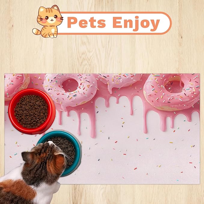 Ice Cream Dog Food Mat for Floors Absorbent Dog Bowl Mat for Food and Water Dispenser Quick Dry Cat Food Placemat Pet Supplies 12" x 20", Pink Donut
