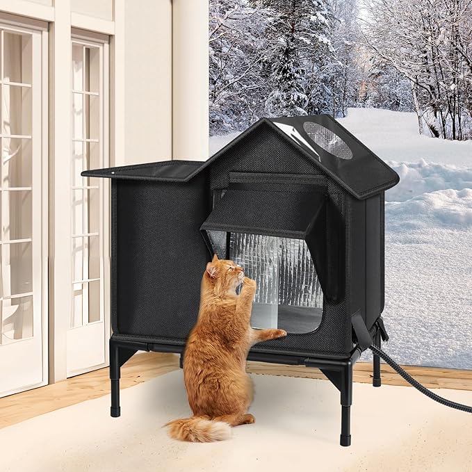Heated Outdoor Cat House Weatherproof with Heating Pad, Insulated Feral Cat Houses for Outdoor Cats, Safe Escape Door, Heated Cats House for Outside, Outside Stray Cats Shelter with Elevated Base(S)