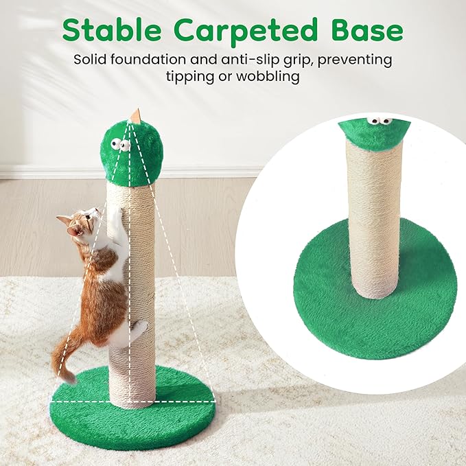 22" Cat Scratching Post, Sisal Cat Scratcher with Interactive Hanging Toy, Monster Scratch Pole for Indoor Cats, Cute Cat Scratch Post for Kittens & Large Cats, Green