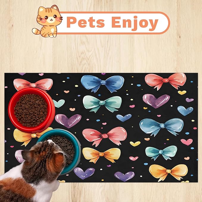 Colorful Bowknot Dog Food Mat for Floors Absorbent, Quick Dry Water Dispenser Mat for Food, Water, Pet Supplies 24" x 32", Love Heart