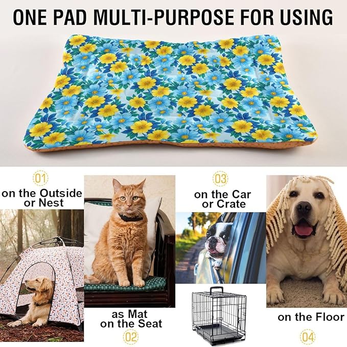 Dog Bed for Crate Washable Pet Sleep Pad, Floral Print Kennel Mat with Non-Slip Bottom, Soft Fluffy Supplies Pet for Dogs and Cats (24x18 inch)