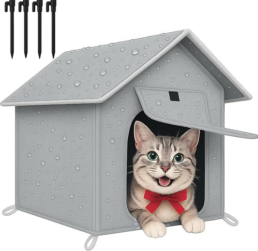 Outdoor Cat House with Cozy Cushion, Waterproof Insulated Cat Houses for Outdoor Cats, Shelter for Feral Pet Outside, Design for All Weather, Light Grey