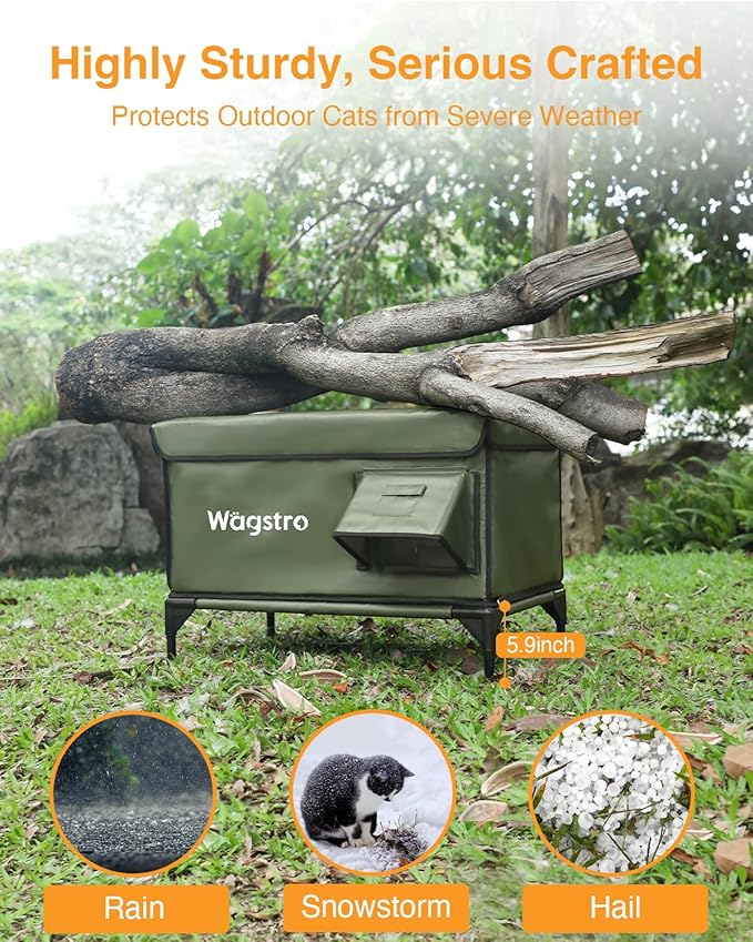 Ex-Large Heated Cat House for Outside in Winter, 100% Waterproof, Escape Door, 6" Elevated, Weatherproof Insulated Outdoor Cat House Shelter with Heater for Stray Feral Cat (Olive Green, 29"x17"x20")